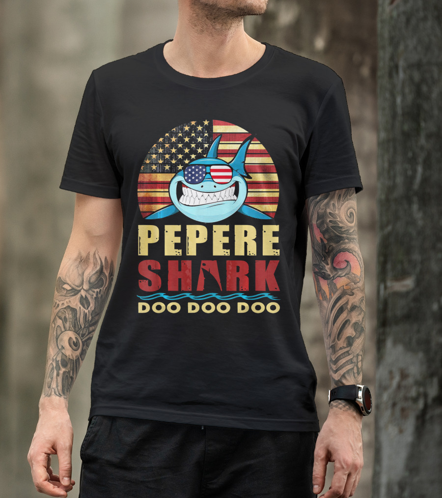Pepere Shark American Flag Doo Doo Doo T-Shirt