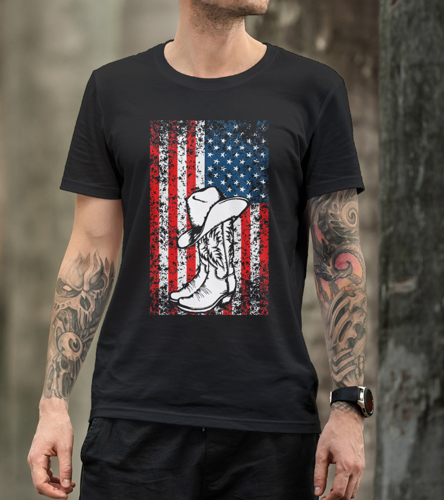 Cowboy Hat Boots American Flag Patriotic T-Shirt