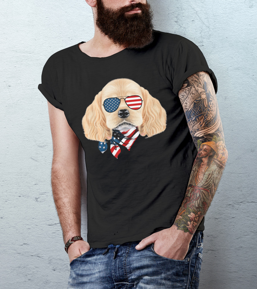 Cocker Spaniel Wearing American Flag Sunglasses And Bandana Patriotic T-Shirt