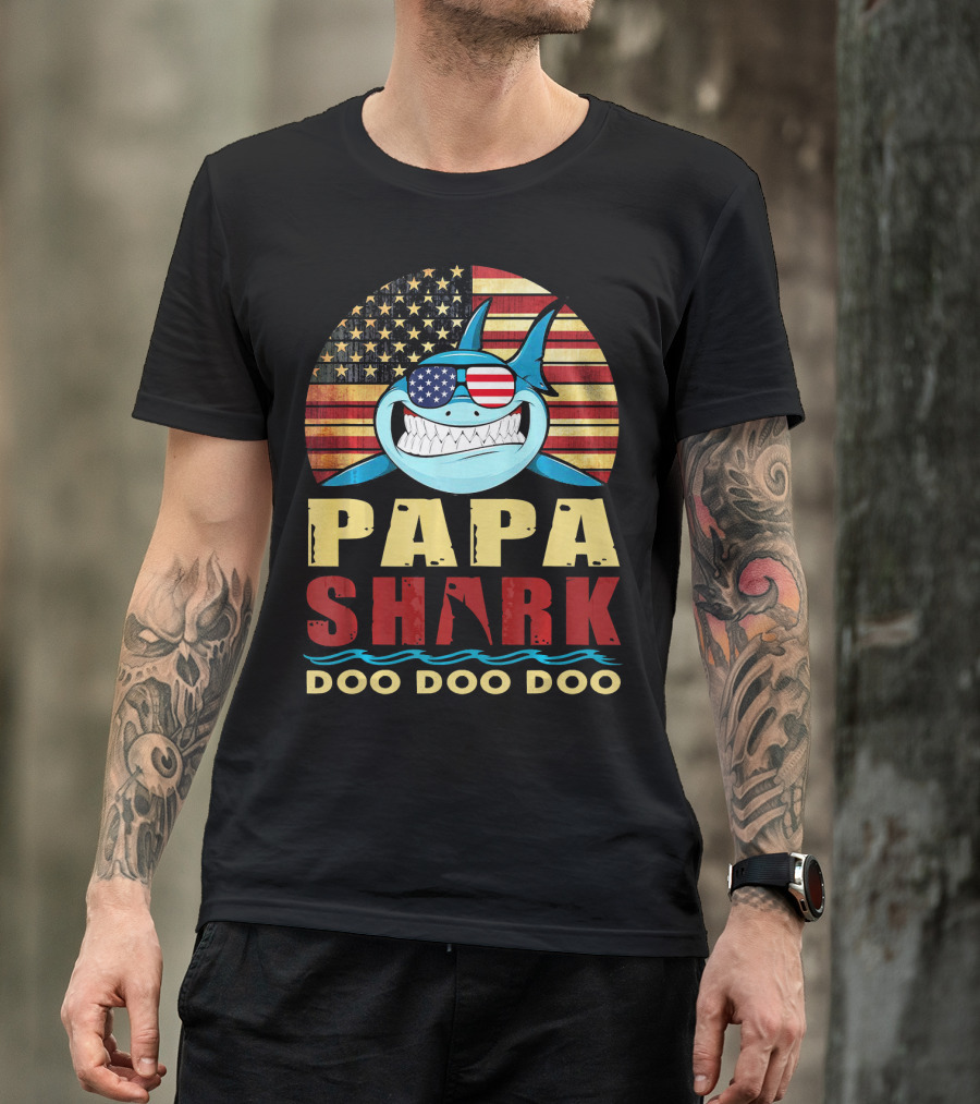 Papa Shark American Flag Doo Doo Doo T-Shirt
