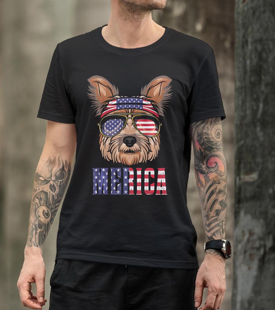 Yorkie Dog Merica American Flag Sunglasses Bandana T-Shirt