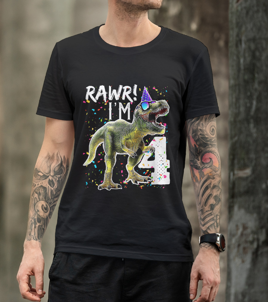 Rawr I'm 4 Dinosaur Birthday Party Hat Confetti T-Shirt
