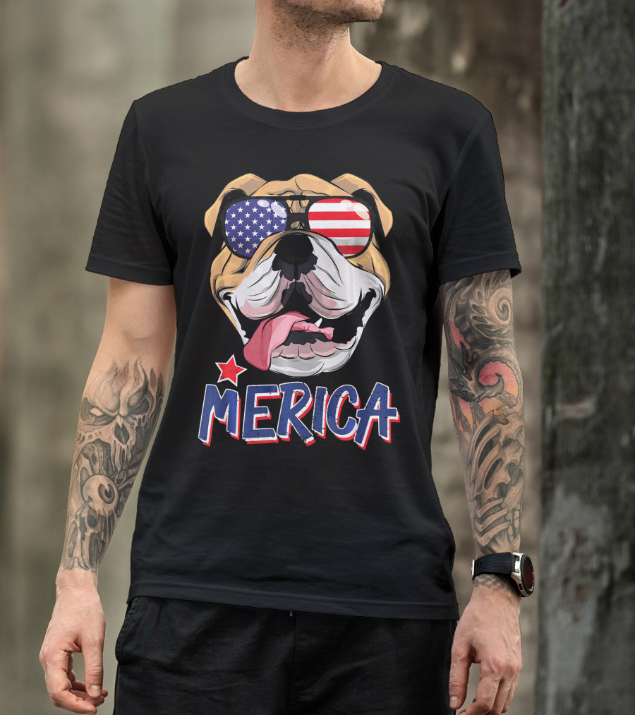 English Bulldog Merica Sunglasses Fourth Of July T-Shirt