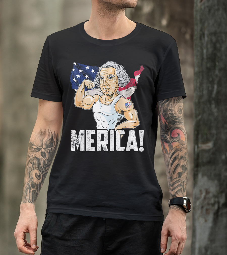 George Washington Muscles Merica USA Flag Background T-Shirt