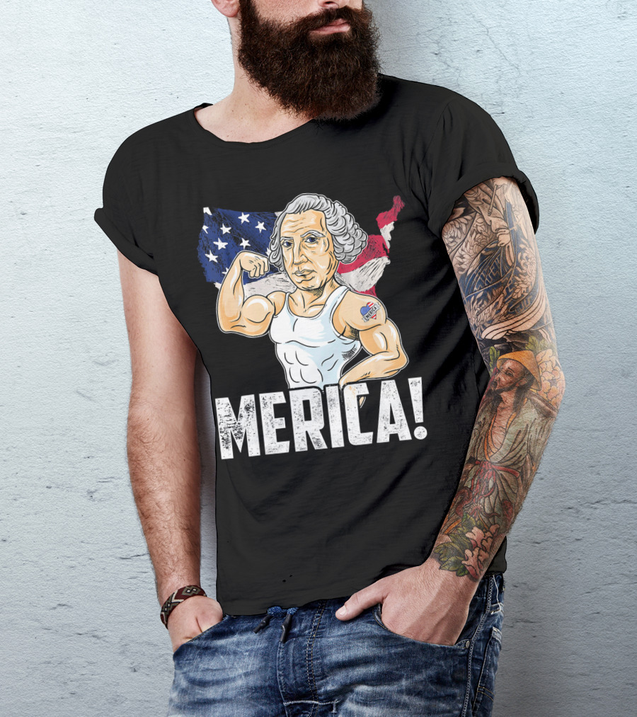 George Washington Muscles Merica USA Flag Background T-Shirt
