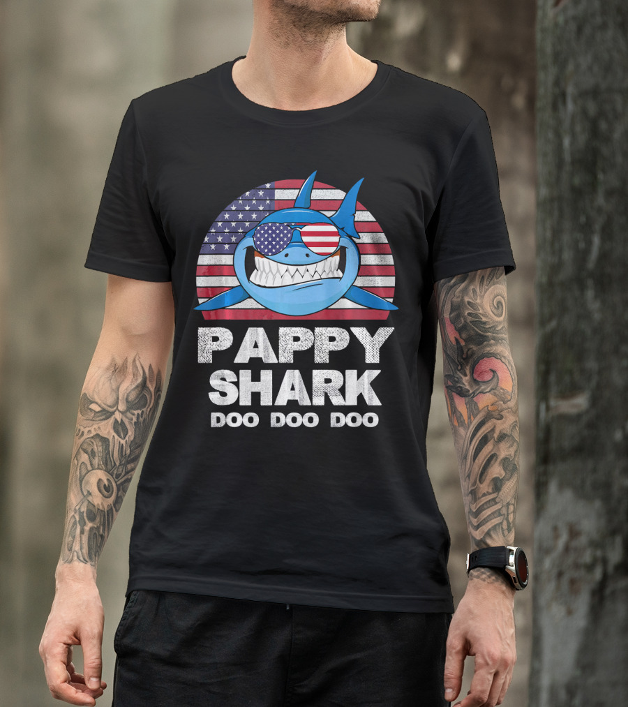 Pappy Shark Doo Doo Doo American Flag Sunglasses T-Shirt