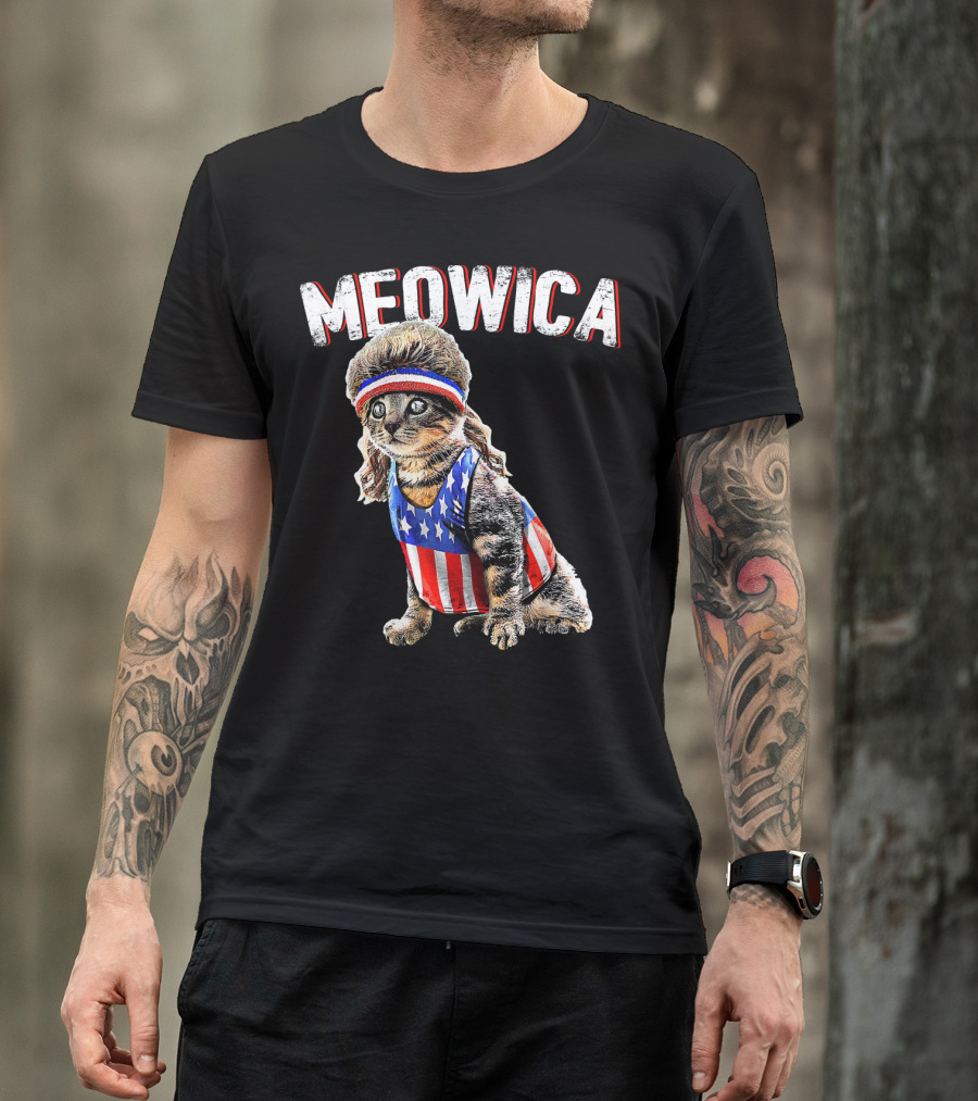 Meowica Cat Mullet American Flag Headband Stars And Stripes Tank Top T-Shirt