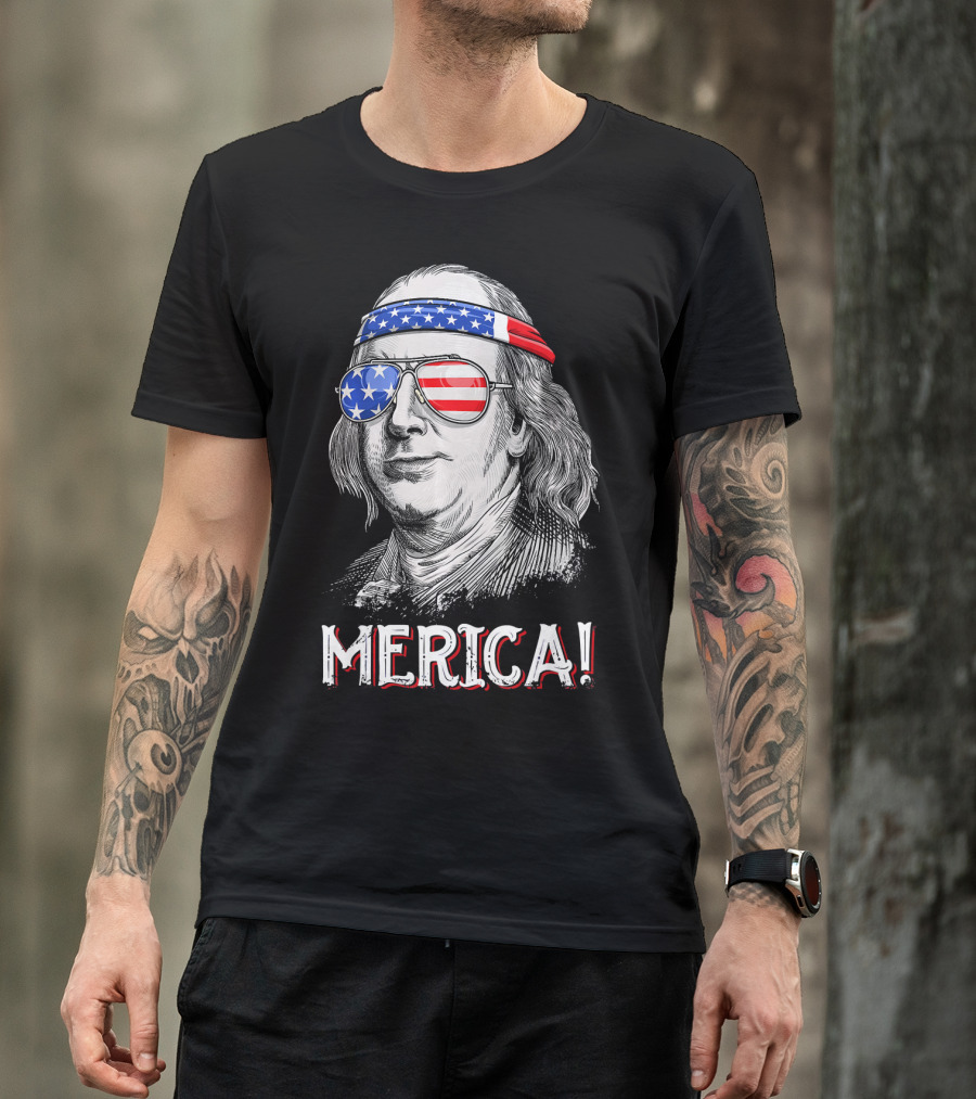 Benjamin Franklin Merica Patriotic USA Bandana Sunglasses T-Shirt