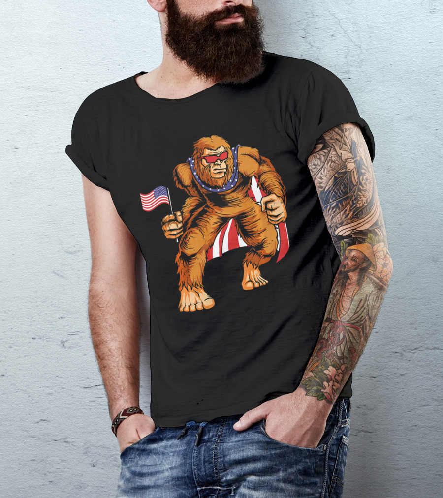 Bigfoot Patriotic American Flag Sunglasses Flag-Waving Stance T-Shirt