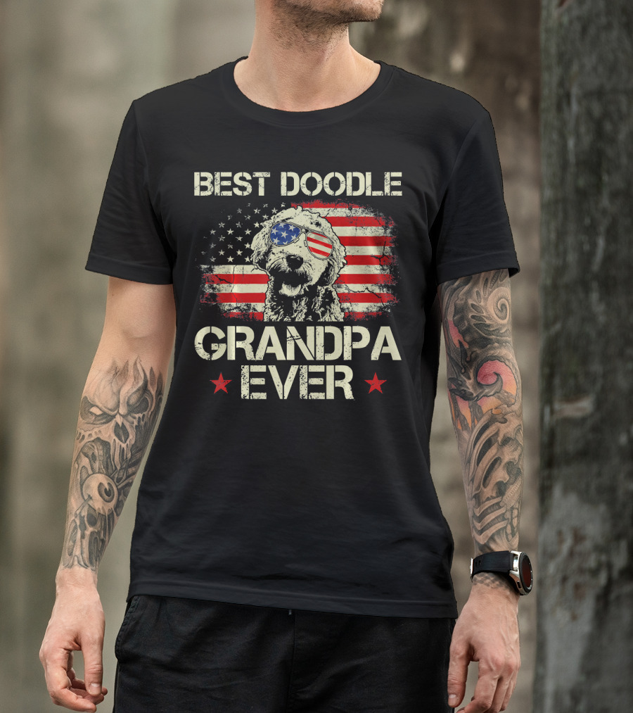 Best Doodle Grandpa Ever USA Flag Sunglasses Dog T-Shirt