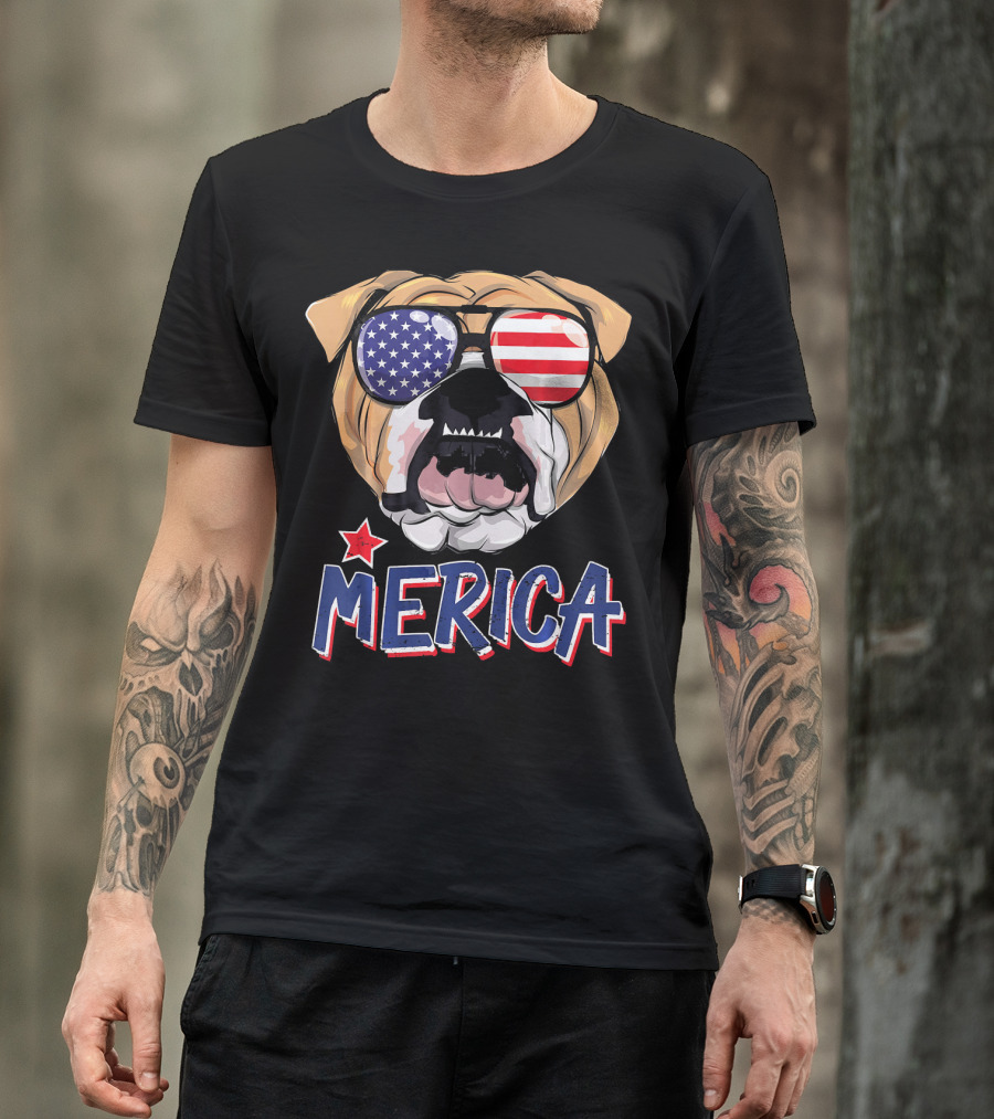 English Bulldog Sunglass Merica American Flag T-Shirt