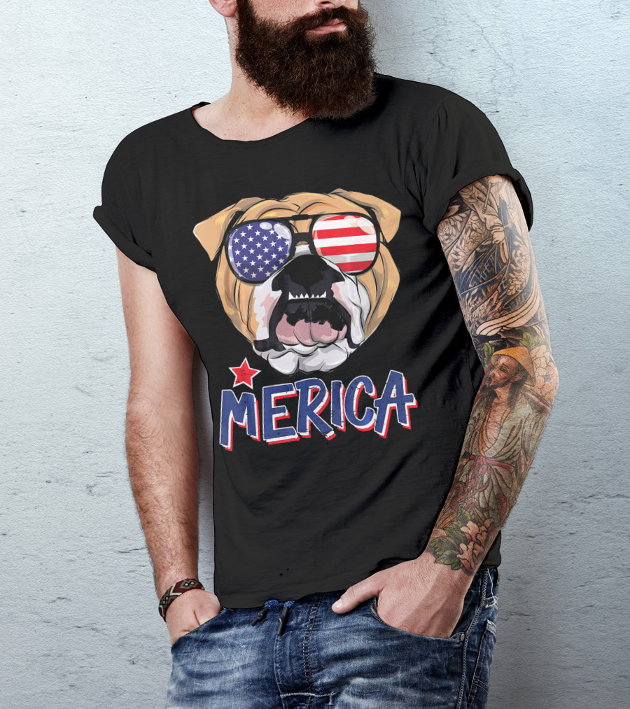 English Bulldog Sunglass Merica American Flag T-Shirt