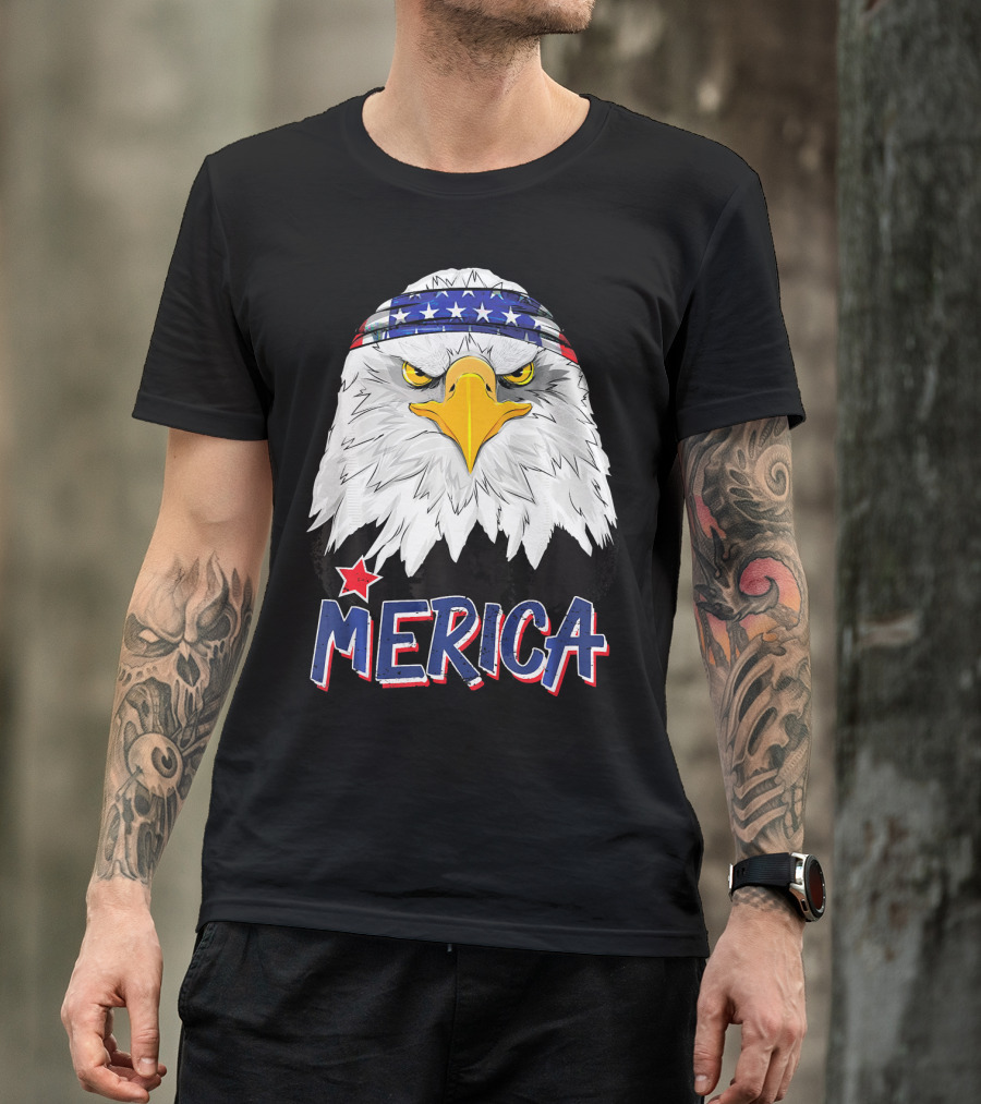Merica Patriotic American Bald Eagle With Star-Spangled Headband T-Shirt