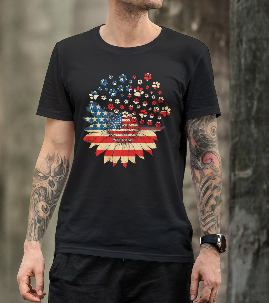 American Flag Sunflower With Dog Paw T-Shirt