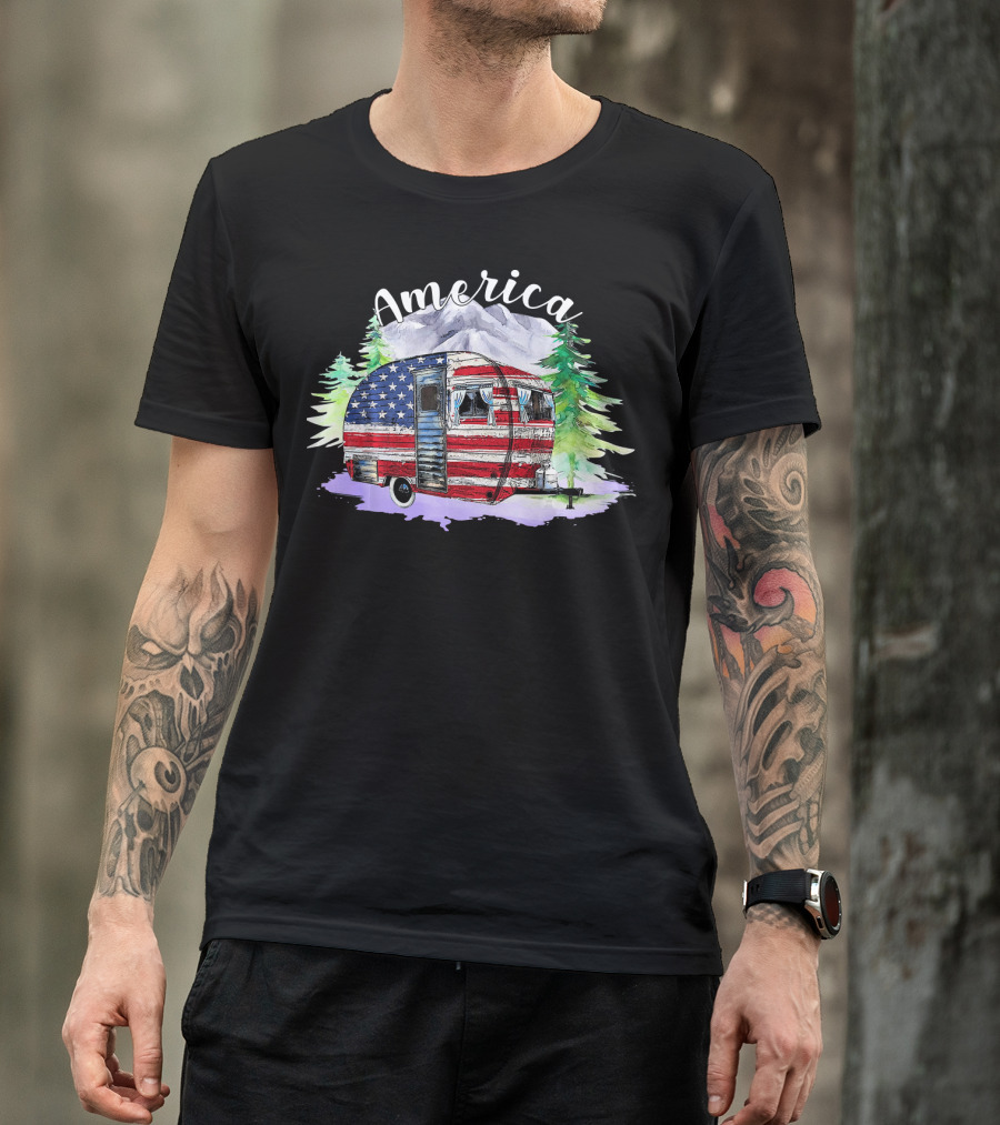America Camping Van With USA Flag And Mountains For Fourth Of July T-Shirt