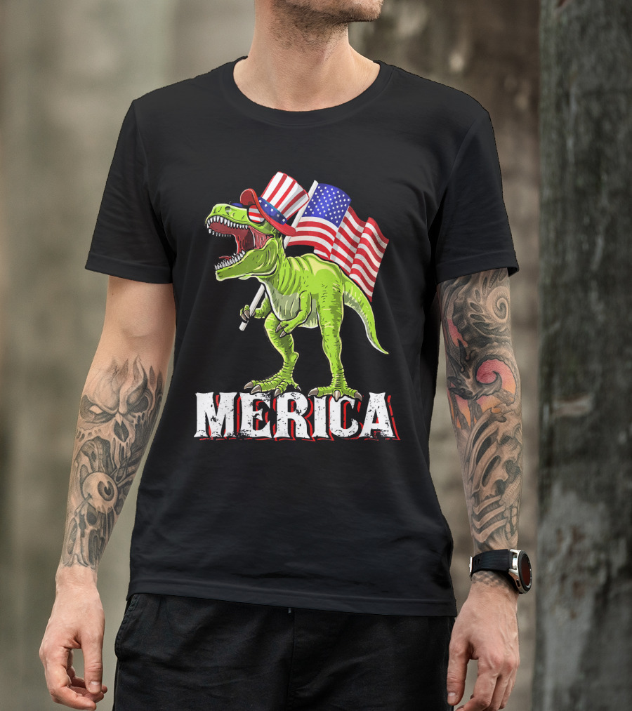 'Merica Patriotic Rex Dinosaur With American Flags And Hat T-Shirt