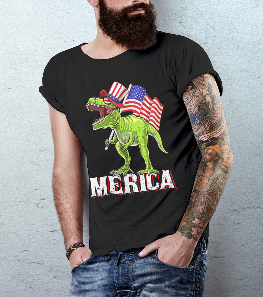 'Merica Patriotic Rex Dinosaur With American Flags And Hat T-Shirt
