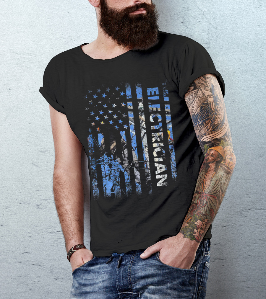 American Flag Patriotic Electrician Silhouette T-Shirt