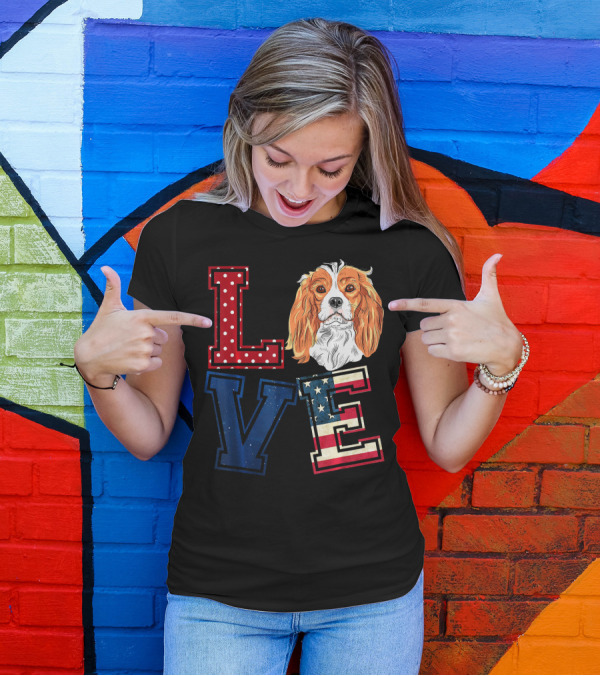 LOVE Cavalier King Charles Spaniel American Flag Face T-Shirt