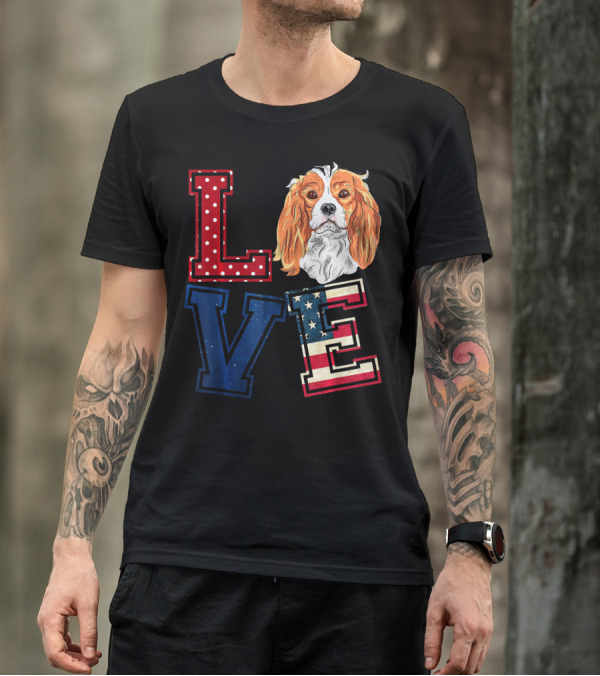 LOVE Cavalier King Charles Spaniel American Flag Face T-Shirt