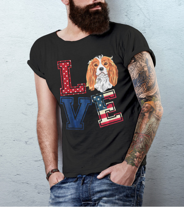 LOVE Cavalier King Charles Spaniel American Flag Face T-Shirt