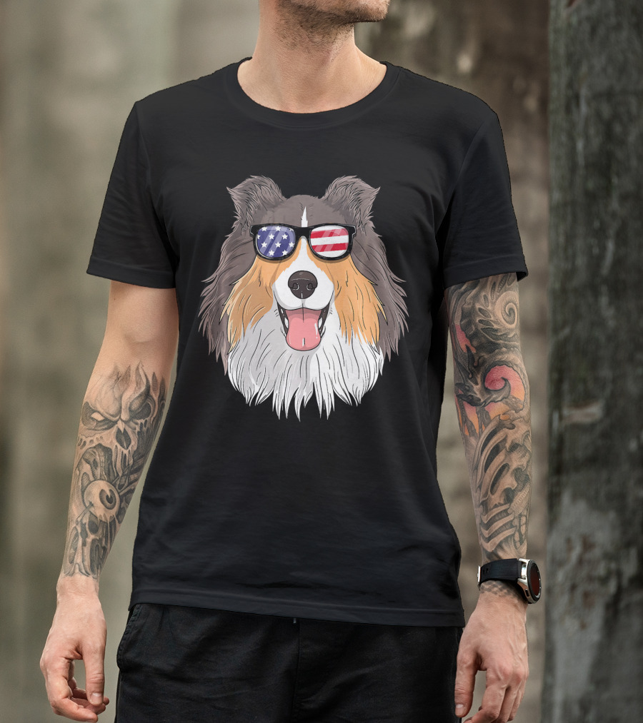 Shetland Sheepdog Patriotic Sheltie With American Flag Sunglasses T-Shirt