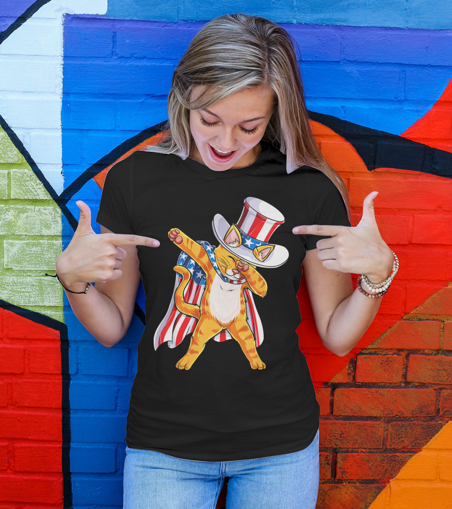 Meowica Cat Dabbing In Uncle Sam Hat And American Flag Cape T-Shirt