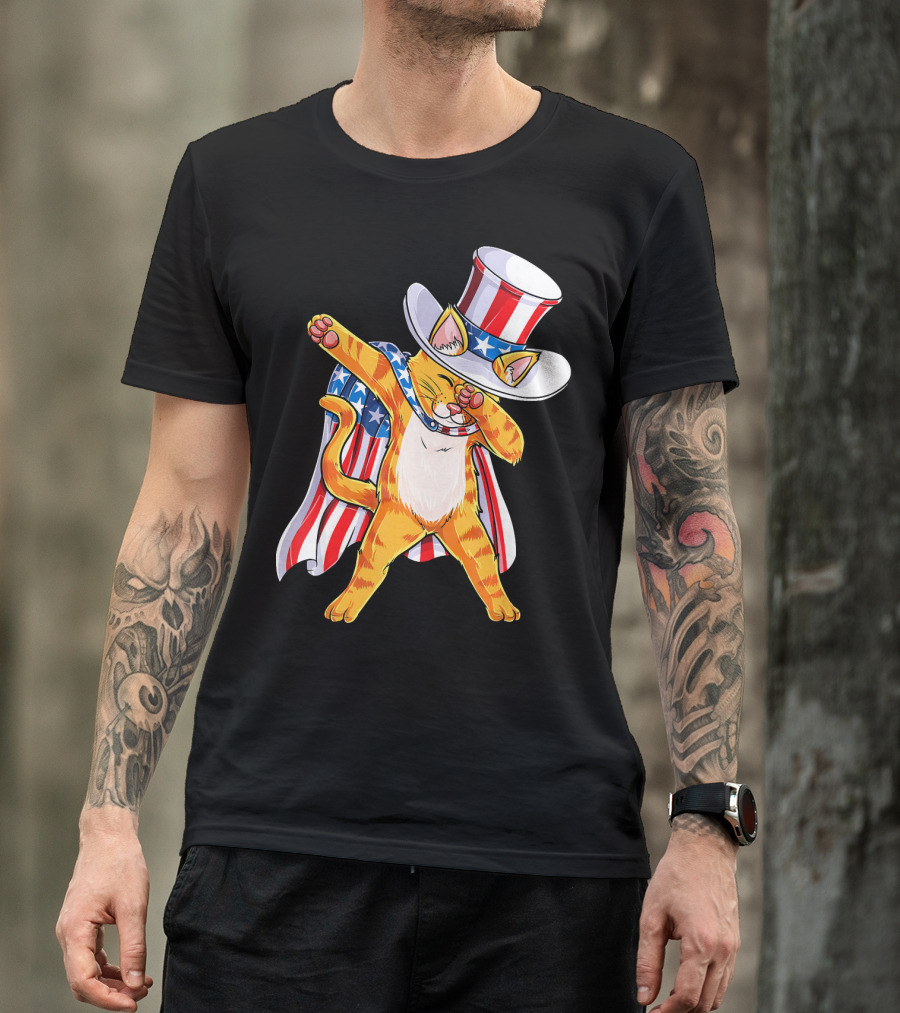 Meowica Cat Dabbing In Uncle Sam Hat And American Flag Cape T-Shirt