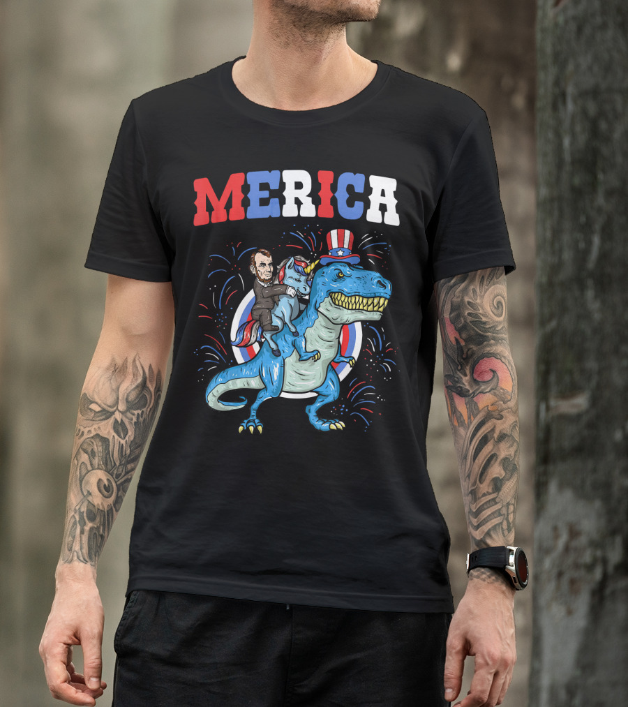 Merica Abe Lincoln Riding Unicorn On T-Rex With Patriotic Hat T-Shirt