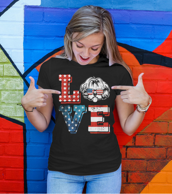 Love Shih Tzu Patriotic American Flag Sunglasses T-Shirt