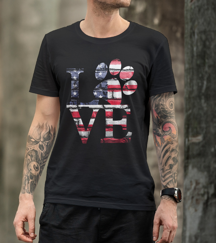 Patriotic Love USA Flag Style With Dog Paw T-Shirt