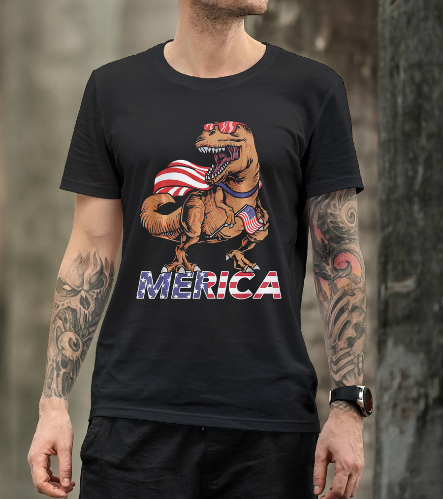 Merica T-Rex With American Flag Sunglasses And Cape T-Shirt
