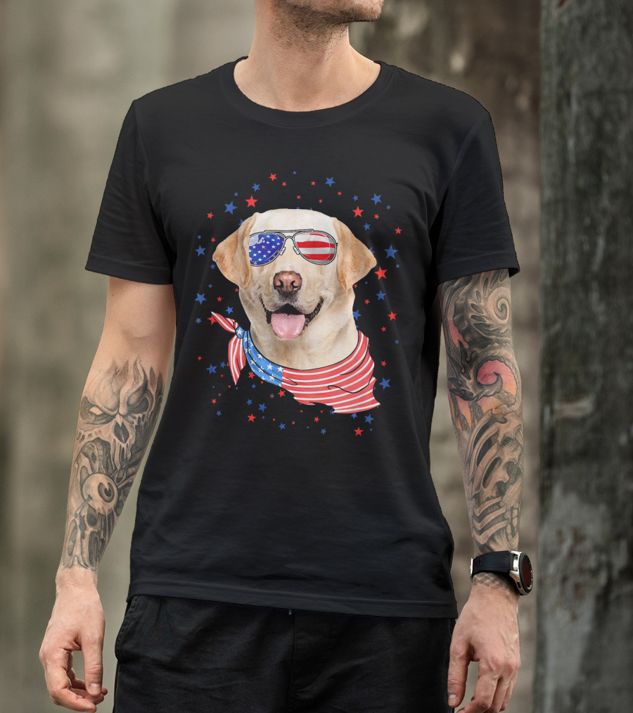 American Flag Labrador With Patriotic Sunglasses And Scarf Surrounded By Stars T-Shirt