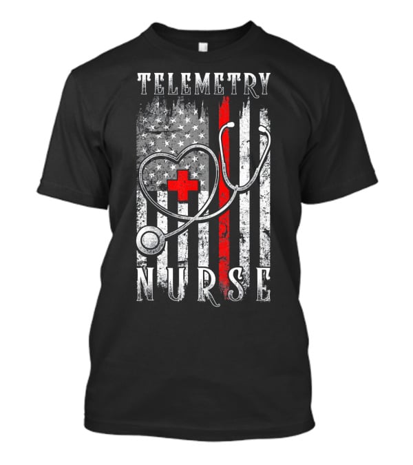 Telemetry Nurse Distressed American Flag Stethoscope Heart Red Cross T-Shirt