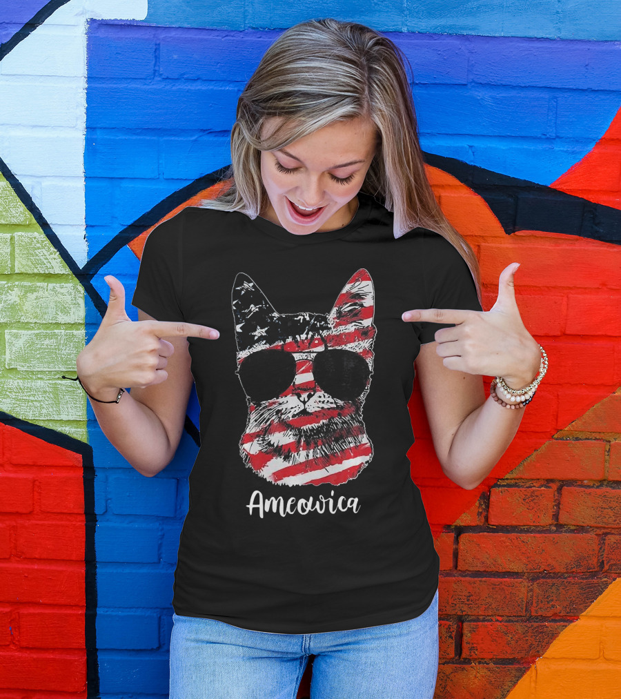 Ameowica Cat Wearing American Flag Pattern With Sunglasses T-Shirt