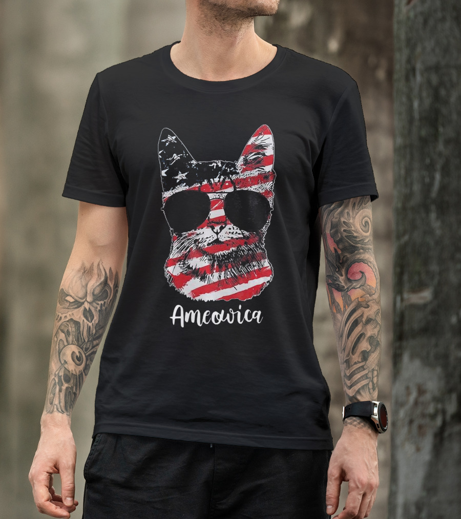 Ameowica Cat Wearing American Flag Pattern With Sunglasses T-Shirt