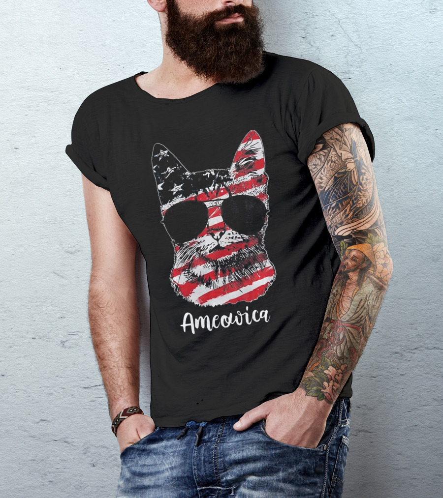 Ameowica Cat Wearing American Flag Pattern With Sunglasses T-Shirt