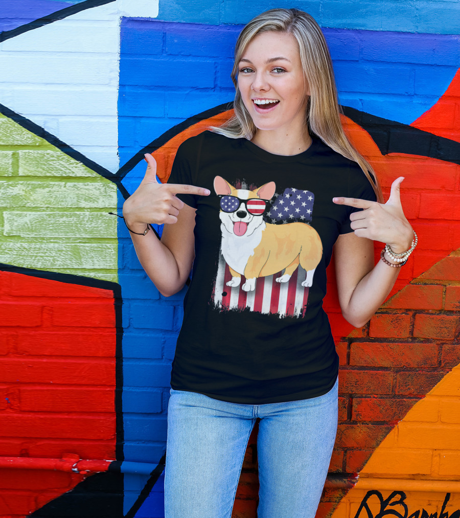 Corgi American Flag Sunglasses Patriotic Spirit T-Shirt