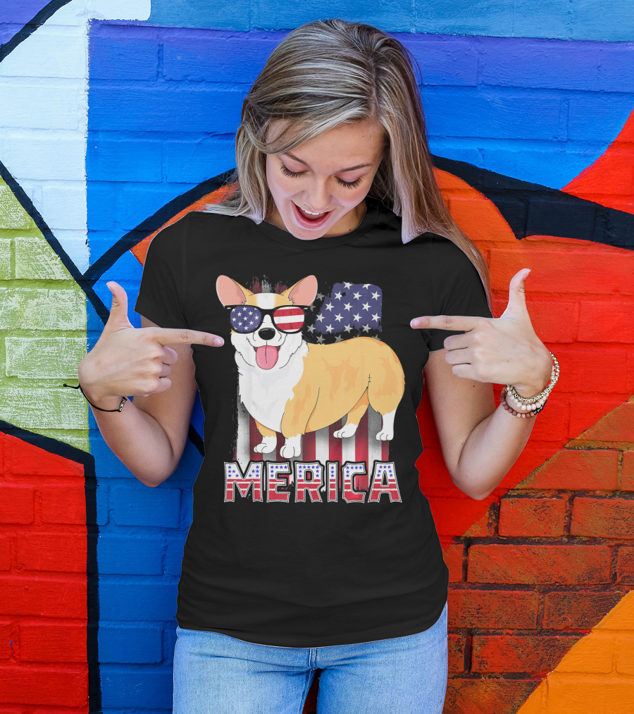 Corgi USA Merica Boys Patriotic Dog American Flag Sunglasses T-Shirt