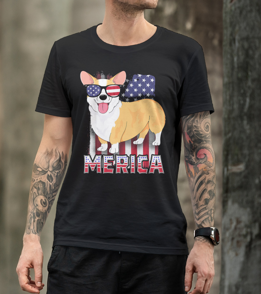 Corgi USA Merica Boys Patriotic Dog American Flag Sunglasses T-Shirt