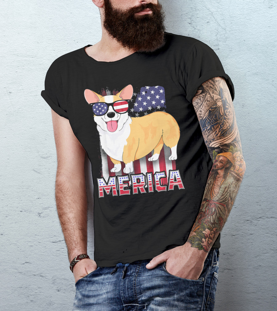 Corgi USA Merica Boys Patriotic Dog American Flag Sunglasses T-Shirt