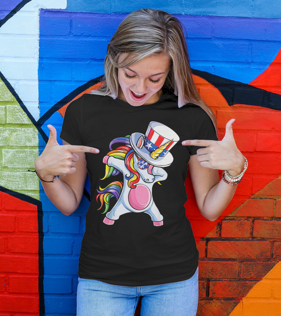 Dabbing Unicorn With Patriotic Uncle Sam Hat And Rainbow Mane T-Shirt