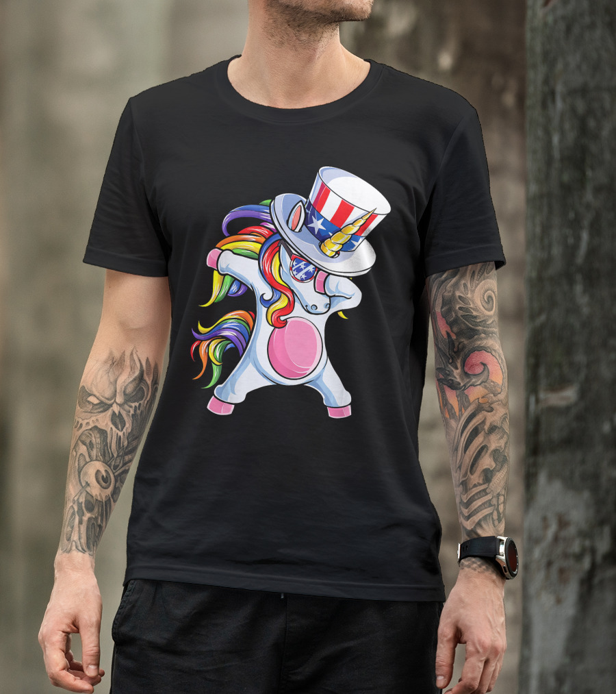 Dabbing Unicorn With Patriotic Uncle Sam Hat And Rainbow Mane T-Shirt