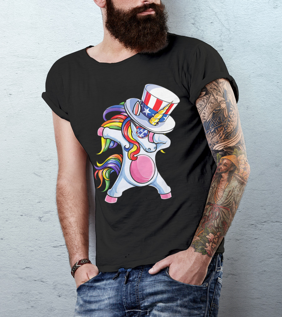 Dabbing Unicorn With Patriotic Uncle Sam Hat And Rainbow Mane T-Shirt