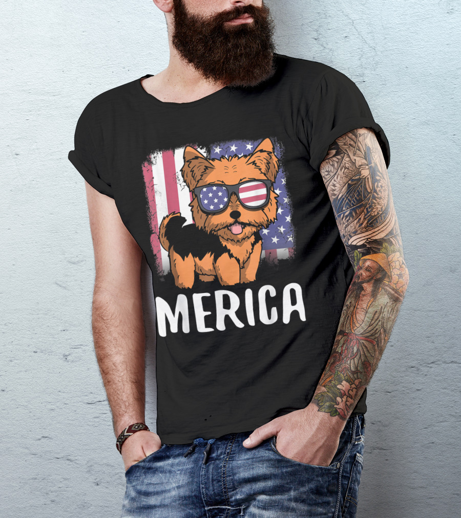 Merica Yorkie Dog American Flag Sunglasses USA T-Shirt
