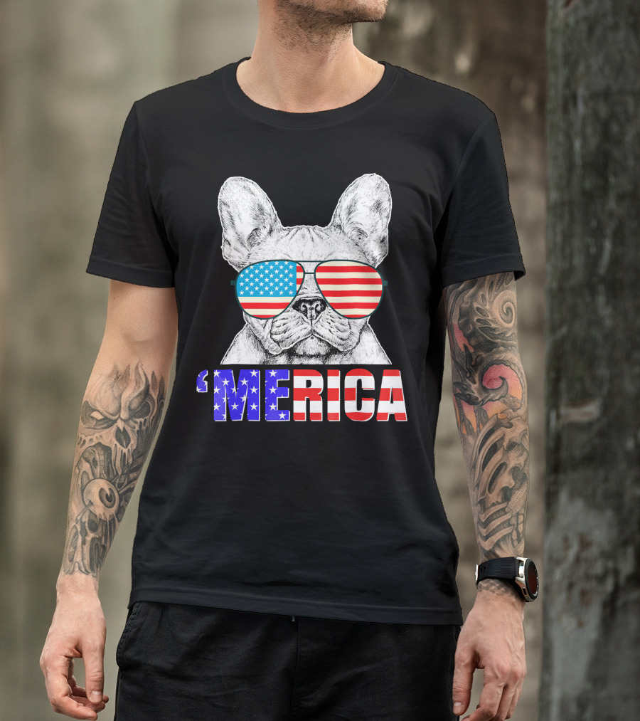 Funny French Bull Dog 'Merica With American Flag Sunglasses T-Shirt