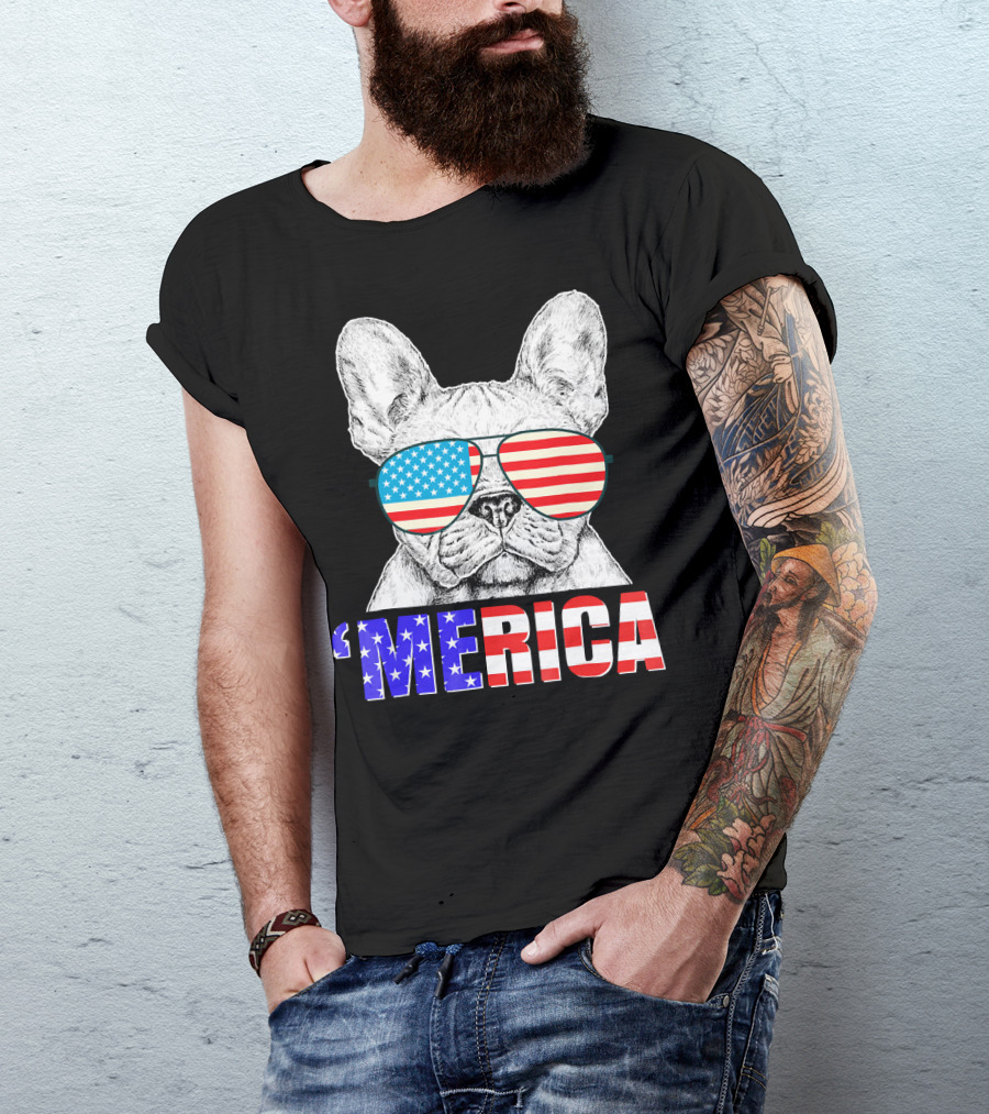 Funny French Bull Dog 'Merica With American Flag Sunglasses T-Shirt
