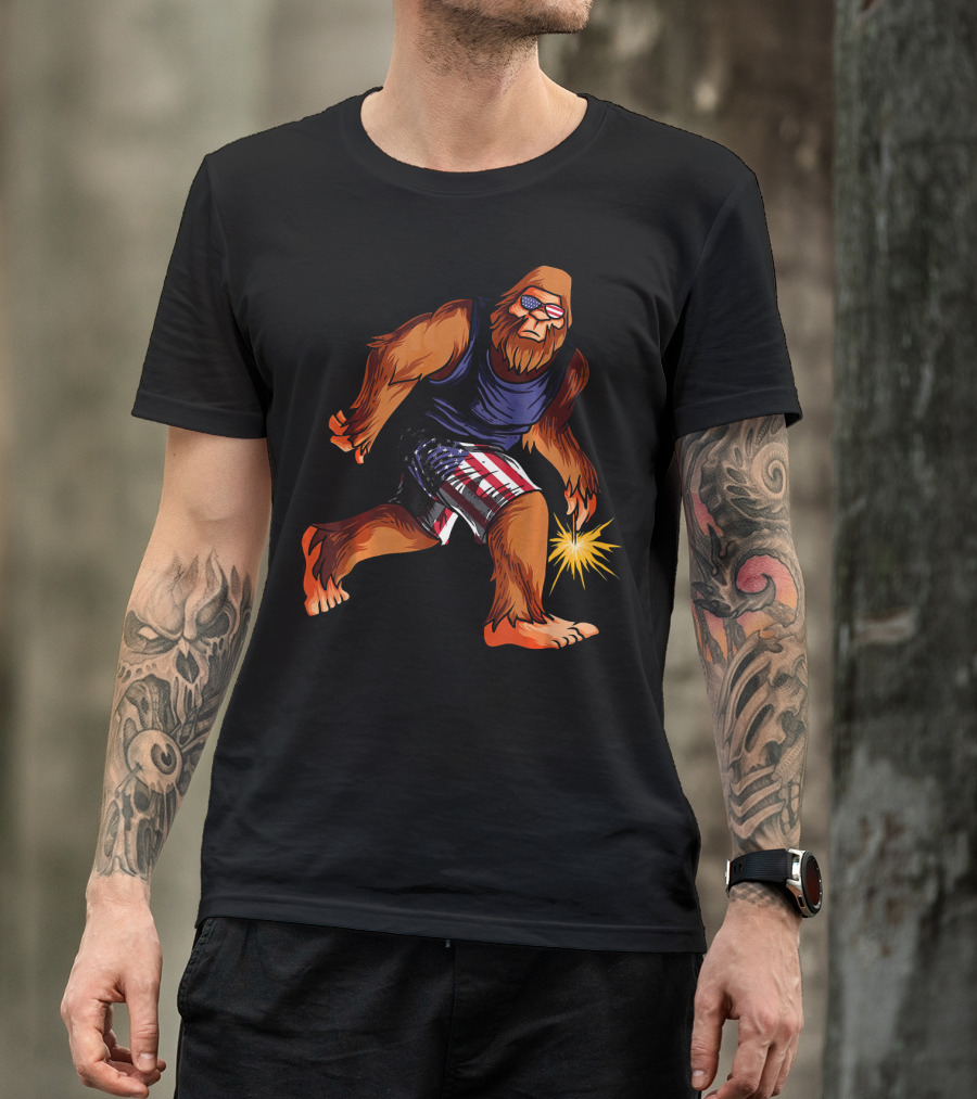 Bigfoot In American Flag Shorts With Fourth Of July Sparkler T-Shirt