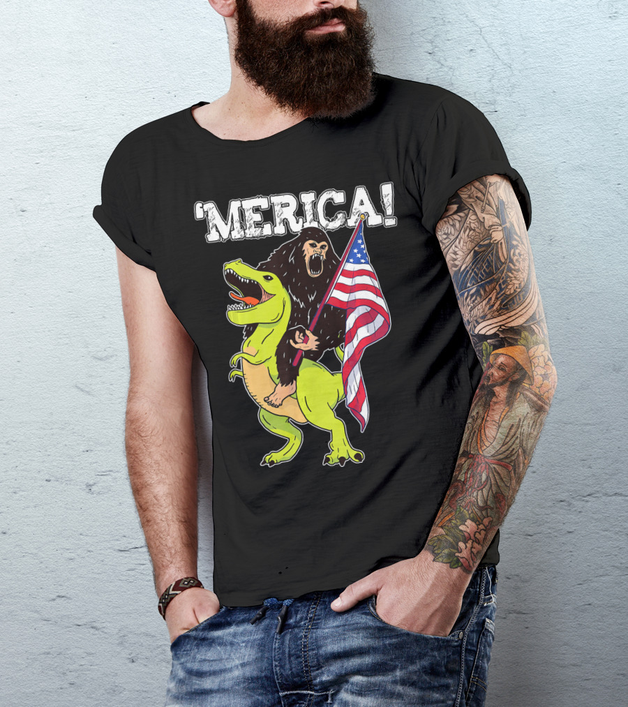 'Merica Bigfoot Dinosaur Fourth Of July Patriot T-Shirt
