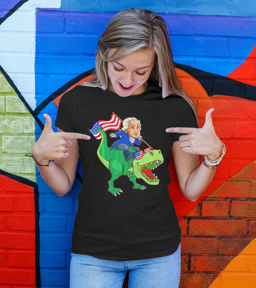 George Washington Riding Rex Dinosaur With American Flag And Sunglasses T-Shirt